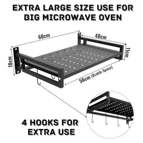 Image of REMANENCE Microwave Oven Stand Wall Mount Heavy Load Shelf Stand 4-Hooks Kitchen Wall Mounted Storage Organiser OTG Printer Shelf Fax Rack Black (1 Tier)