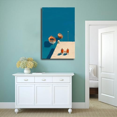 Tableau bleu méditerranéen de bateau toile minimaliste 61x91 cm