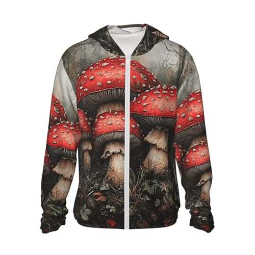 UPF 50+ Sun Protection Hoodie Long Sleeve Red Mushrooms Sun Shirt Rash Guard Fishing Shirts for Men