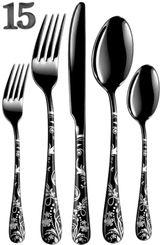 Image of Floral Black 15 Pcs Stainless Steel Cutlery Set for Dining Table, Dishwasher Safe Glossy Flatware (3 Spoon Set+3 Forks Set+3 Butter Knife+3 Dessert Spoon+ 3 FruitFork)