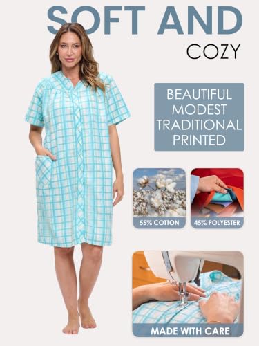Image of Casual Nights Women's Snap - Front House Dress Short Sleeve Woven Housecoat Duster Lounger Robe with Pockets
