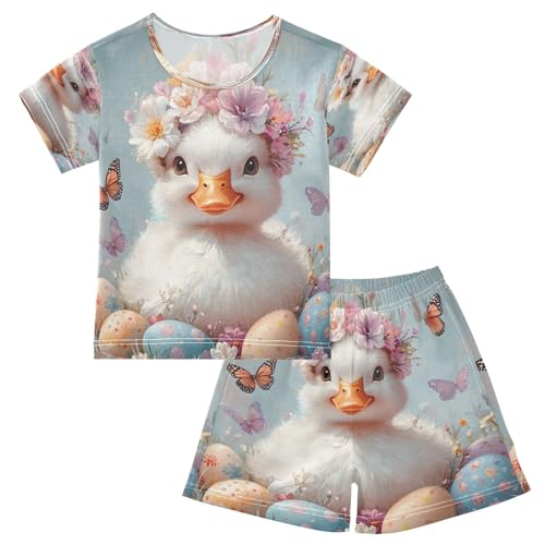 ALAZA Easter Duck Butterfly Egg Pajamas Set Short Sleeve Cotton Sleepwear Summer Pjs 2 Piece 5-14Y