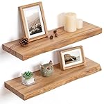 Floating Shelves for Wall Decor, Rustic Solid Elm Wood Floating Shelves Wall Mounted, Wall Shelves with Invisible Bracket for Living Room Bedroom Kitchen, 24 Inch Set of 2, Natural
