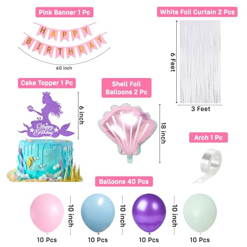 Image of Party Propz Mermaid Theme Birthday Decorations Kit for Girls - 47 Pcs, Happy Birthday Banner, Shell Foil Balloons, White Foil Curtain & Cake Topper, Sea Theme Decorations