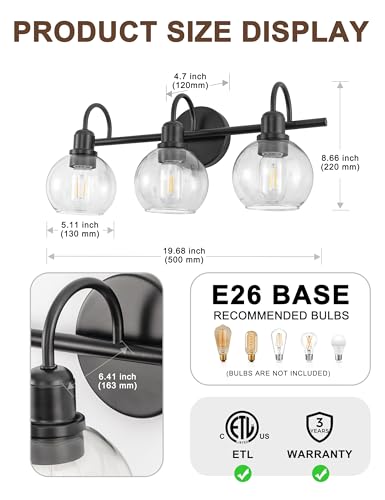 Image of DORESshop 3-Light Black Bathroom Light Fixtures Over Mirror with Clear Globe Glass Shade, Modern Vanity Lights for Bathroom Mirror Living Room Bedroom, ETL Listed