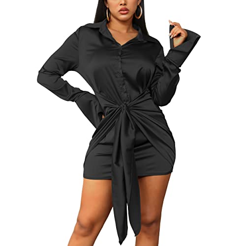 Women's Sexy Long Sleeve Satin Mini Dress Button Down Ruched Tie Waist Silk Wrap Bodycon Short Dress Club Party Casual Black #TOP1