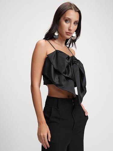 Image of Tokyo Talkies Women's Shoulder Straps Sleeveless Crop Top | Front Bow Detail | Playful & Chic | Perfect for Casual & Day Outings | Tops for Woman | Women Tops | Women Crop Top