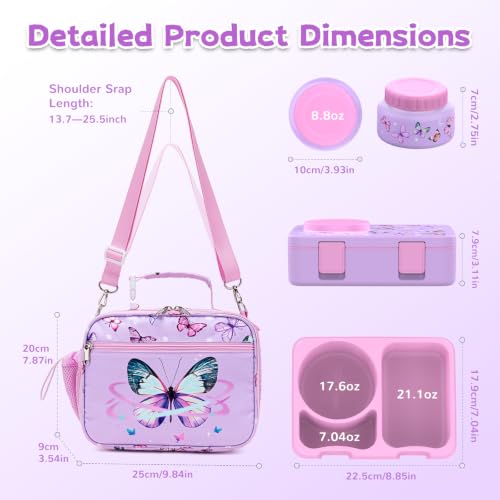 Image of Bento Box for Kids, Leakproof Kids Lunch Box with 8.5OZ Thermo Food Jar & Lunch Bag, 3-4 Compartments Toddler Insulated Lunch Box for Girls, BPA Free Lunch Containers for School Daycare
