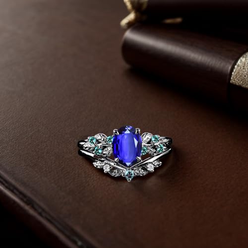 S925/10K/14K/18K Solid Gold Oval Gemstone Vintage Engagement Ring Set Leaf Unique Vine Gemstone Wedding Anniversary Ring Set Black Gold Bridal Ring Set2