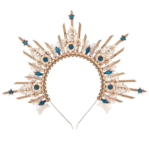 Queen Halo Crown Headpiece - Zip Tie Spiked Hairband Sun Goddess Headband Virgin Mary Headpiece Women Wedding Photoshoot Costume with Butterfly Blue Rhinestones Headdress Renaissance