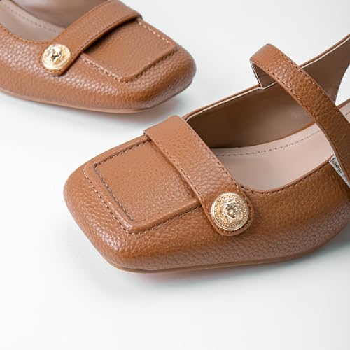 Image of Slingback Mary Jane Heels for Women Low Block Heel Closed Square Toe Pump Shoes Heels Classic Daily Office Dressy Shoes