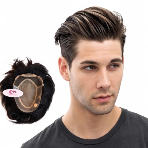 Image of Front Lace Mirage Hair Patch for Men | 100% Silky Soft Remy Human Hair Toupee | Natural Hairline | Realistic Scalp Invisible Hair System | Use with Clips, Glue or Tape | (Black, 9x7)