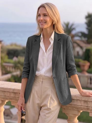 Image of Mina Self 2026 Summer Women's Linen Blazer Jacket - Lightweight Breathable 3 /4 Stretchy Ruched Sleeve Casual Work with Pocket
