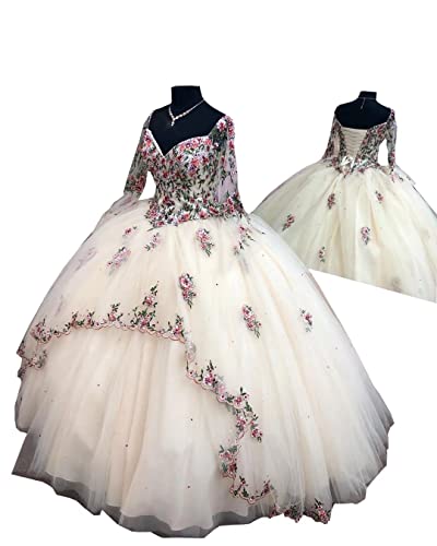 Pearls Designer Princess Designer Ball Gown Sweet 15 16 XV Dresses Quinceanera Mexican Charro Style Gold Embellishment Lace Long Sleeves Ivory 123