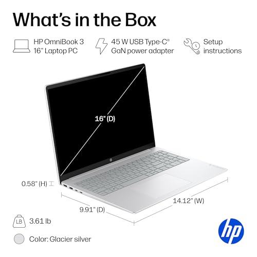 Image of HP OmniBook 3-16 inch 2K Touchscreen Laptop, Intel Core Ultra 5 225U, 8GB DDR5-512GB SSD, HDMI, USB-C, USB-A, Bluetooth, Wi-Fi, Copilot AI, Privacy Camera, Windows 11 Home, Mica Silver