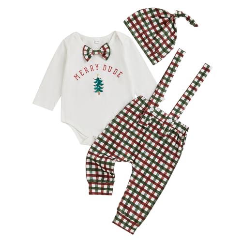 Image of BeQeuewll Christmas Newborn Baby Boy 3PCS Clothes Set Infant Long Sleeve Romper Cute Pattern Suspender Pants Overalls Outfits (Merry-White, 3-6 Months)