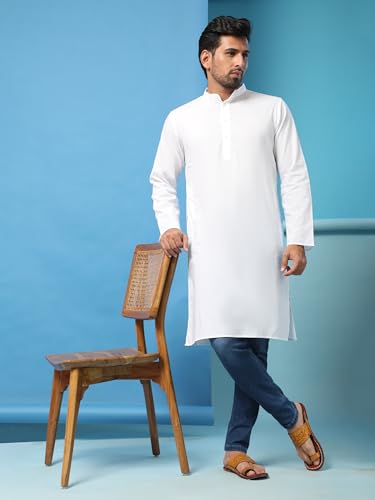SKAVIJ Mens Cotton Kurta Casual Long Sleeve Henley Shirt Band Collar Kaftan Robe4