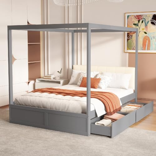 PUGSDRLY Baldaquin 140x200 avec 2 Tiroirs de Rangement, Lit Double avec Sommier à Lattes et Tête Moelleux en Bois pour Enfant, Adolescent, Adulte, sans Matelas (Gris)