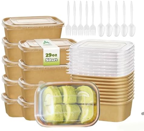 50 Pack 29 OZ Large Paper Bowls with Lids【with Spoons and Forks】,...