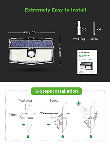 LITOM 300 LED Solar Motion Sensor Lights Outdoor, IP67 Waterproof Solar Powered Security Lights Wireless Solar Wall Lights with 3 Modes for Garden Patio Yard Deck Garage Fence Pool - Cold White 2 Pack