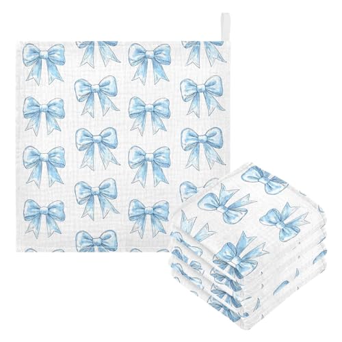 Image of vvfelixl Light Blue Silk Bow Baby Burp Cloths Baby Muslin Washcloths for Boys Girls Cotton Babys Face Towel for Newborn Infants Soft and Absorbent 11.8 X 11.8 in, 5 Pack