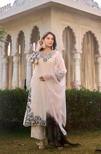 Image of GoSriKi Kurta Sets for Women Viscose Embroidered | Kurti Set for Woman | Straight Kurta Palazzo Dupatta Set | 3 Piece Set Women | Round Neck V-Slit Full Sleeve Stylish Ethnic Outfit Clothing