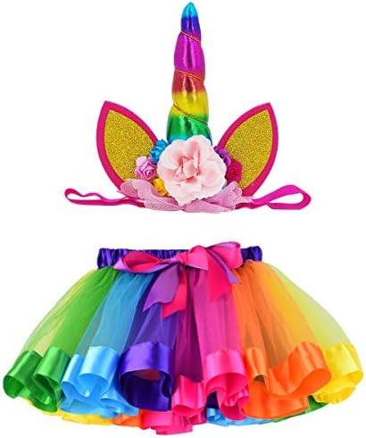 Tulle Rainbow Tutu Skirt for Newborn Baby Girls 1st Birthday Photography Outfit Sets with Unicorn Headband