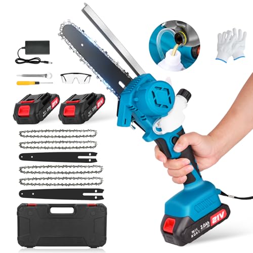Mini Motosierra Bateria 6 Pulgadas, Motosierra Eléctrica Portátil Inalámbrica con 2 Baterías, Motosierra Gasolina Sierra Electrica Podar Arboles