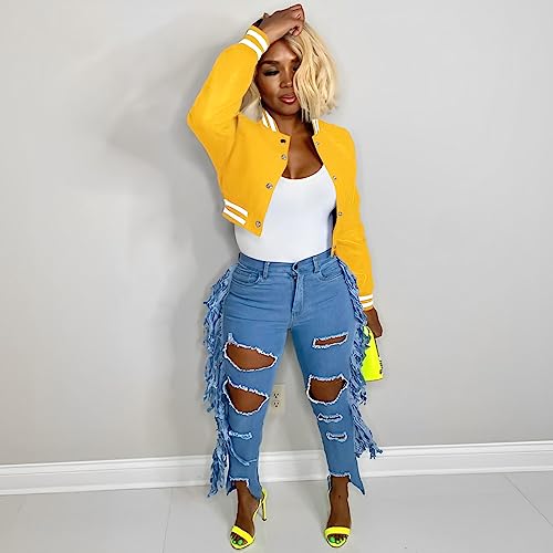 Image of Mintsnow Womens Varsity Jacket Long Sleeve Button Down Bomber Jackets Casual Baseball Uniform Streetwear