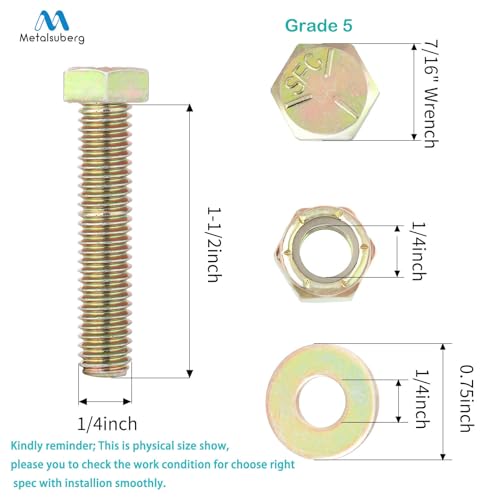 Image of 1 /4 inch x 1-1 /2 inch Hex Head Bolt by Color Galvanization with Nylon Lock nut and Large Size Washer Assortment Kit,Alloy Steel,Grade 5.(8pcs Pack),by Metalsuberg