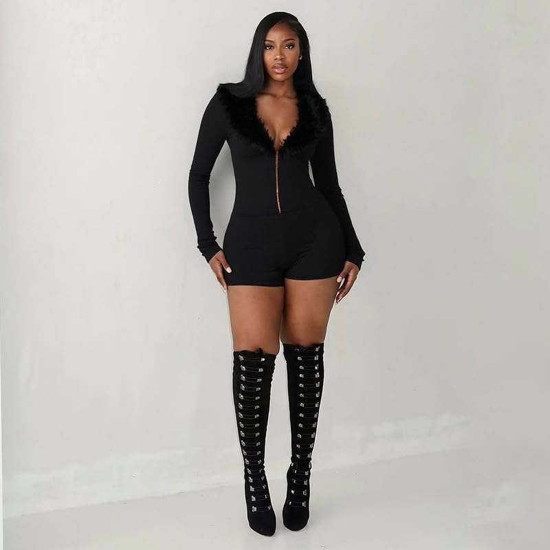 Womens Jumpsuit Sexy Faux Fur Rompers Deep V Neck Buckle Long Sleeve Shorts Rompers Bodycon Club Outfits Going Out - Image 5