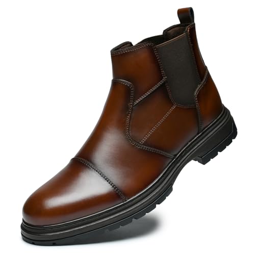 Image of Holy dove Men's Chelsea Boots, Cap Toe Slip On Coffee Brown Leather Ankle Dress Boot Mid-Top Stylish Casual Shoes for Men