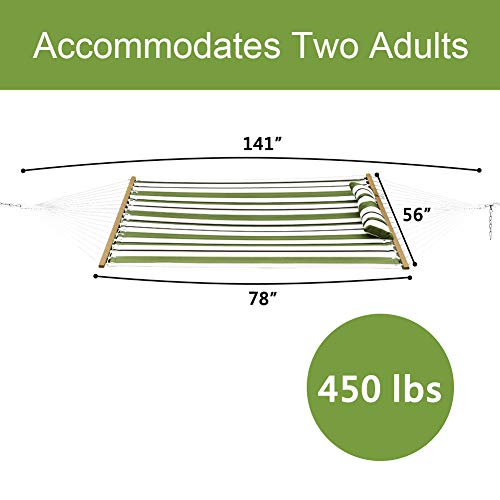 Prime Garden Double Quilted Fabric Hammock With Pillow, Heavy Duty Hammock With Hardwood Spreader Bars, 2 Person Hammock 450 Pound Capacity For Outdoor Outside Patio Garden Yard, Olive/White Stripes #TOP5