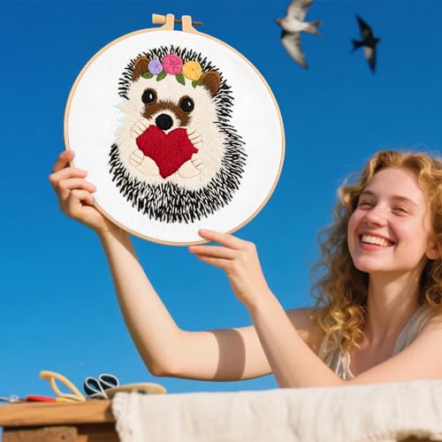 Image of Cute Hedgehog Embroidery Kits for Beginners Adults, Animals Embroidery Starter Kits, Counted Cross Stitch Kits for Beginners DIY Craft Kits for Adults Women, Embroidery Hoops, Thread & Video Tutorial