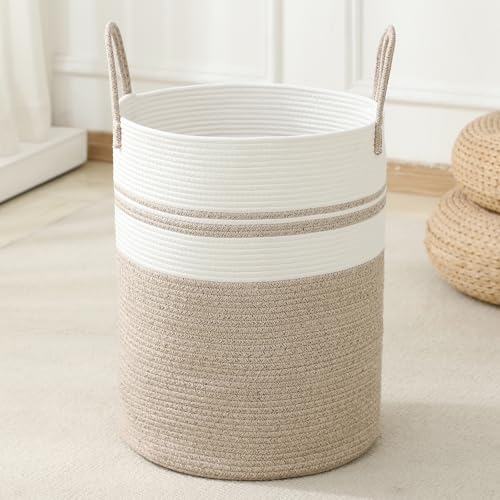 Laundry Basket Hamper Tall Rope Storage Woven for Blanket toys Dirty Clothes in Living Room Bathroom Bedroom (Brown&White 60L/15.8Gal)