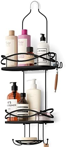 Bunoxea Anti-Swing Hanging Shower Caddy, Over Head Shower Caddy Extra-Large Rustproof with Hooks for Razors, Sponge and more, Metal Black