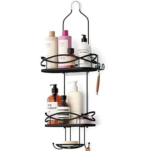 Bunoxea Anti-Swing Hanging Shower Caddy, Over Head Shower Caddy Extra-Large Rustproof With Hooks For Razors, Sponge And More, Metal Black #TOP2