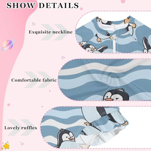 Cartoon Penguin Dancing Wave Girls Long Sleeve Swimsuit Rash Guard One Piece Bathing Suits Zipper 3-12T4