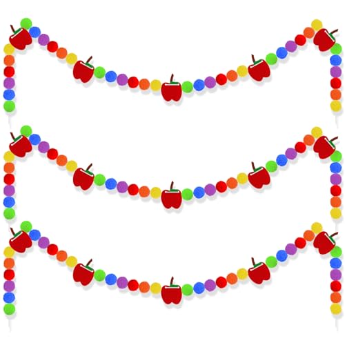 Image of 3 Pcs Back to School Felt Banner Apple Garland Classroom Return to School Pom Pom Ball Colorful Pompom Hanging Banner Hanging Garlands for First Day of School Classroom Decoration