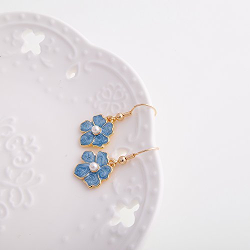 Tiny Myosotis Forget Me Not Flower Charm Dangle Earrings Wedding Gift 3 Tone (Purple Gold)3