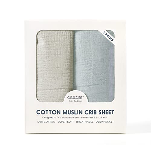 Image of GRSSDER 100% Cotton Muslin Crib Sheet 2 Pack - Breathable & Ultra-Soft Fitted Crib Sheets for Standard Baby & Toddler Mattresses, 52 inchx28 inch with 9 inch Deep Pocket, Snug Fit All-Around Elastic
