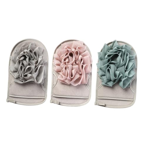 VILLCASE Juego de 3 Estropajos de Baño Doble Cara Colores Gris Azul Café Claro y Marrón Claro Fabricados Viscosa Esponja y PE Guantes Exfoliantes para Ducha y Masaje Corporal Aptos