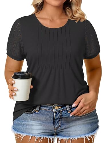 VISLILY Womens-Plus-Size-Summer-Tops Dressy Lace T Shirts Trendy Short Sleeve Blouses Flowy Pleated Crewneck Tunics XL-5XL