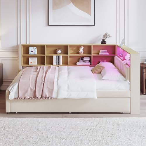 Tagesbett Schlafsofa 140x200 cm, Polsterbett Multifunktionsbett mit Ausziehbarem Bett 90x190 cm&USB-Steckdose&LED Leuchten& Mehreren Ablagefächern, Doppelbett mit Lattenrost, Ohne Matratze, Beige – Bild 6
