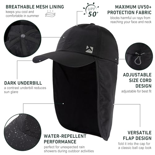 Image of TOP-EX L /XL /XXL UV50+ Waterproof Neck Flap Baseball Sun Cap | Large-head fit; UPF 50+ ear and neck coverage; waterproof shell; adjustable drawcord for fishing, hiking and outdoor work