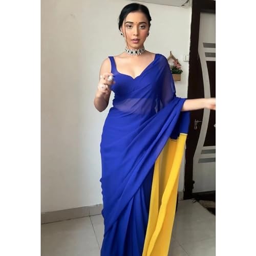 Image of StyleScope Women's Georgette Printed Lace Bordered Ready To Wear One Minute Saree With Print Unstitched Blouse Piece (RTW Mix Free Size)