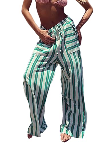 Women Drawstring Waist Stripe Wide Leg Pants Palazzo Pants for Women Casual Trousers Lounge Pants with Pockets