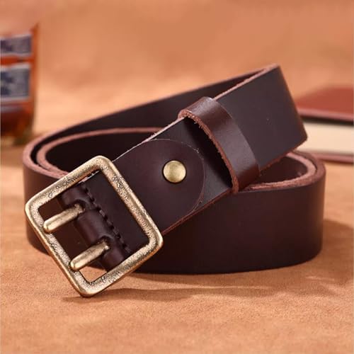 Men's Genuine Leather Casual Belt with Vintage Double Pin Buckle, Country Casual Belt for Jeans Pants, 38Mm Classic Work Dress Belt for Men,A Brown,115CM/45.3''2
