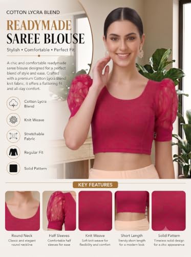 Image of SFT Women's Cotton Lycra Blend Readymade Saree Blouse with Round Neck Half Sleeves Solid Pattern Knit Weave Regular Fit and Pull On Closure
