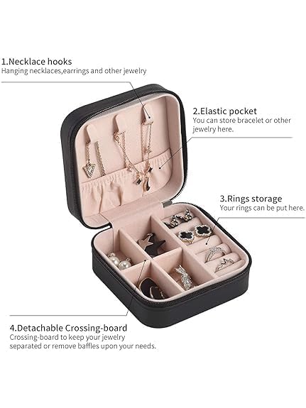 Image of Mini Jewellery Travel Case, PU Leather Organizer Box, Small Portable Jewellery Storage Holder for Womens Rings Earrings Necklaces (Peach-PU Leather Box) (Black)